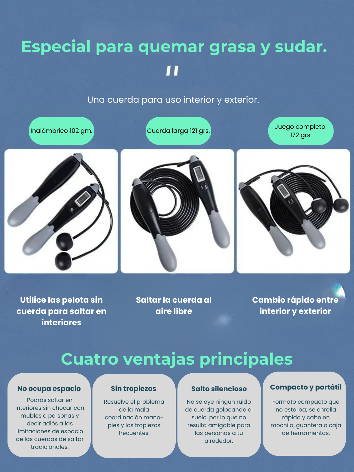 Kit Cuerda de Saltar Multifuncional — Con Cuerda/Sin Cuerda, Contador LED, Ideal para Interiores